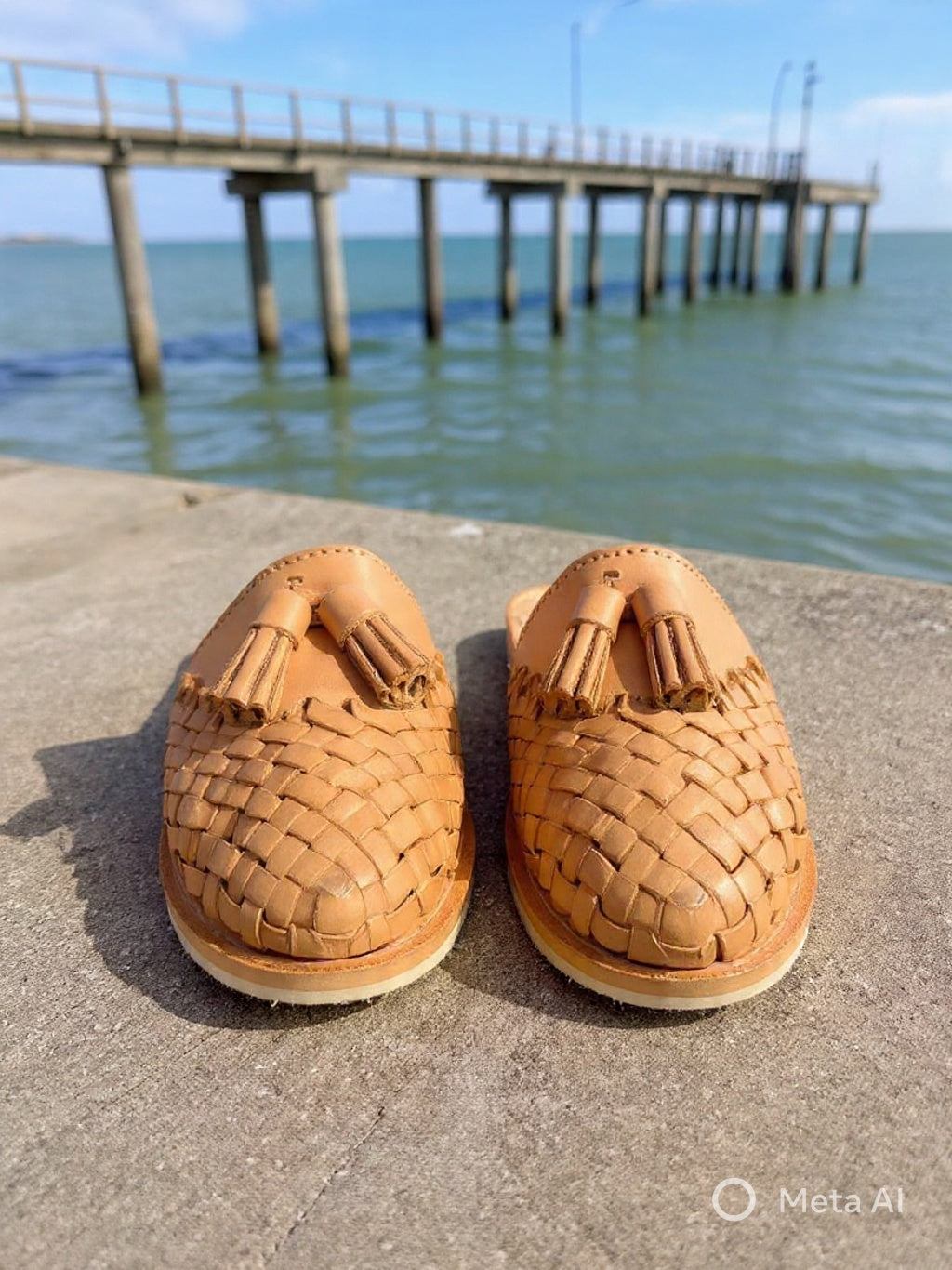 Woven Tan Leather Mule Huarache with Tassels