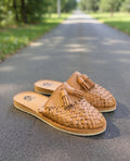 Woven Tan Leather Mule Huarache with Tassels
