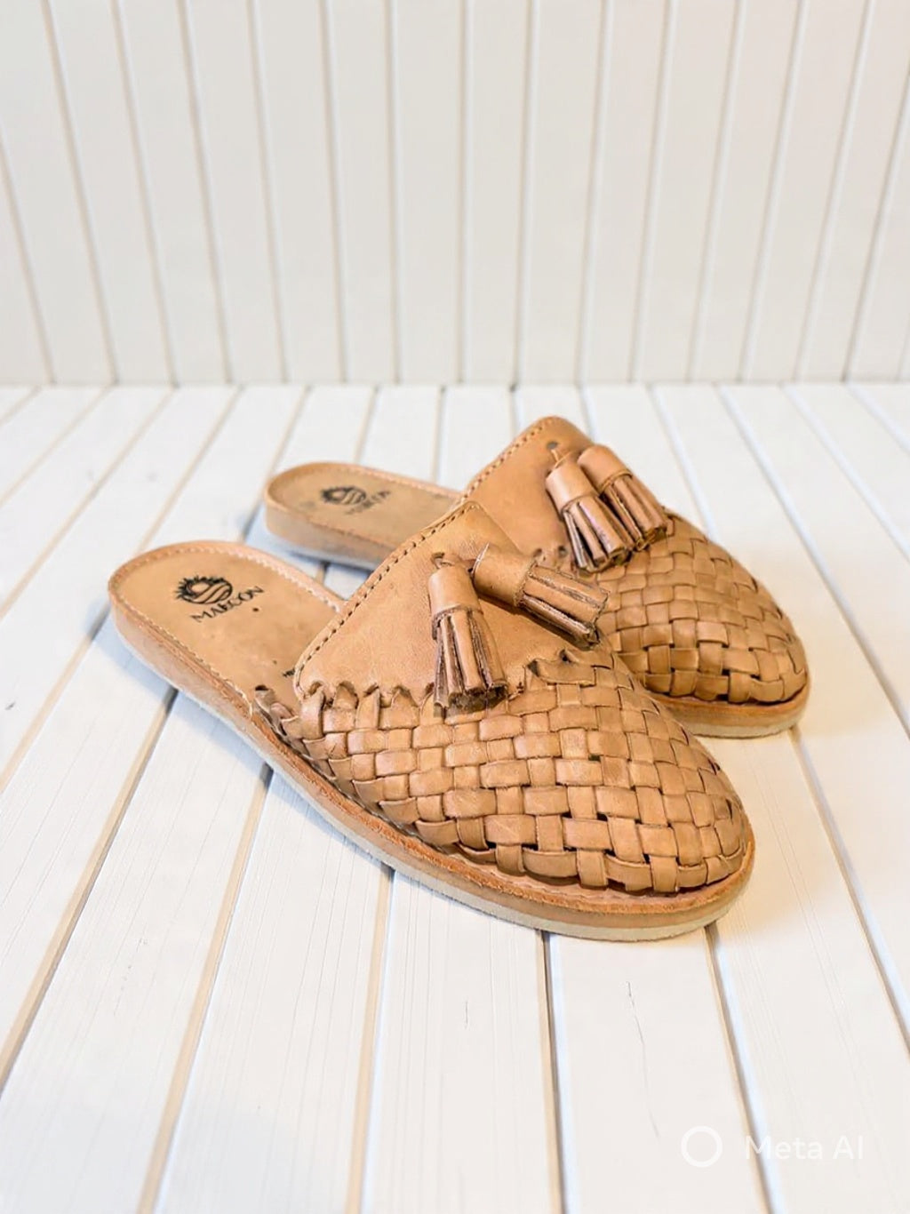 Woven Tan Leather Mule Huarache with Tassels