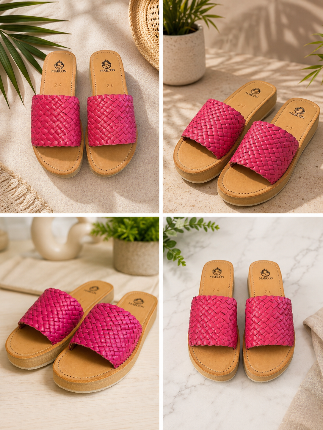 Handmade Mexican Woven Leather Platform Slide Sandals – Fuchsia Pink