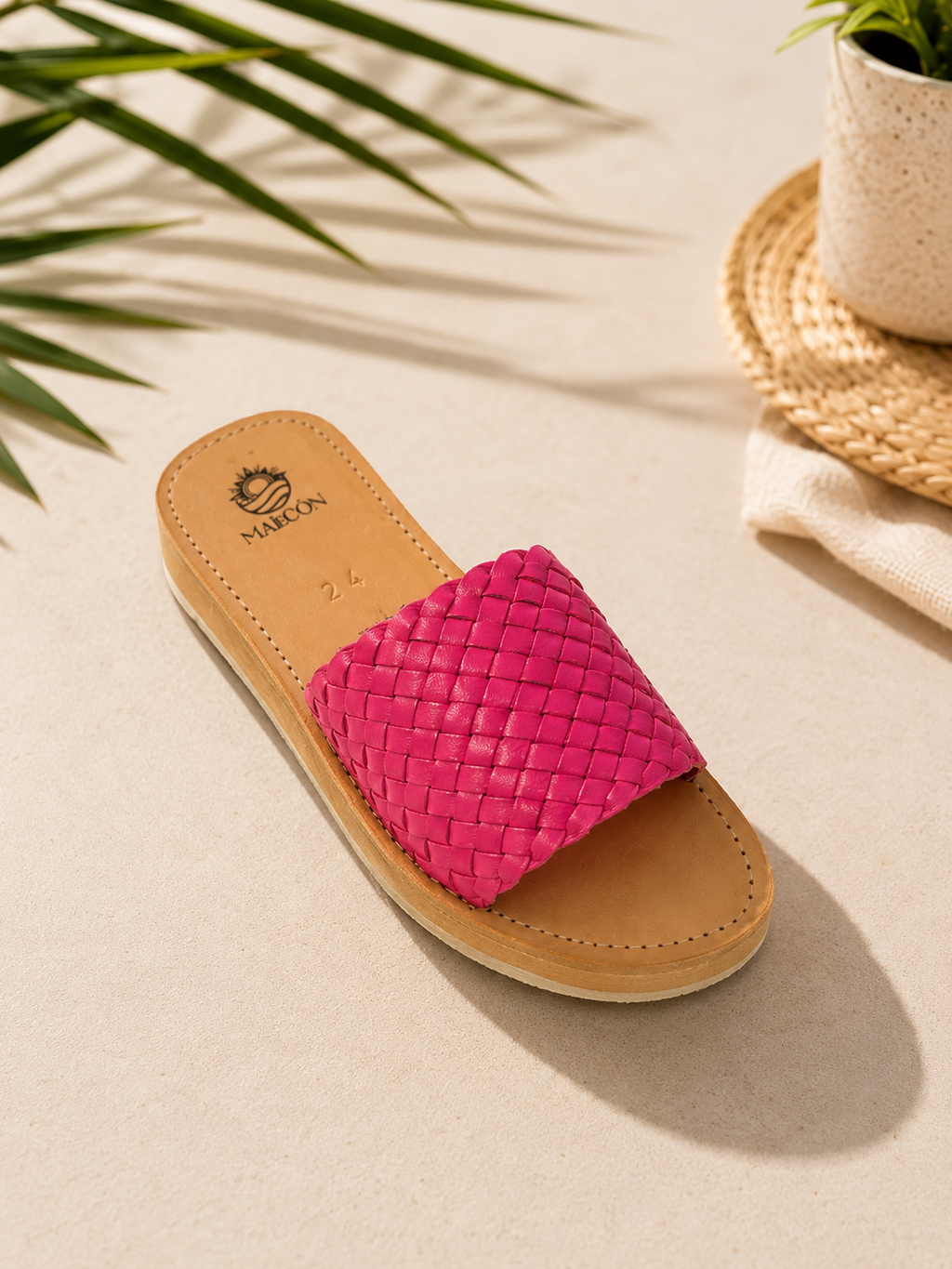 Handmade Mexican Woven Leather Platform Slide Sandals – Fuchsia Pink