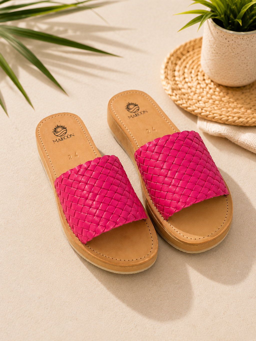 Handmade Mexican Woven Leather Platform Slide Sandals – Fuchsia Pink